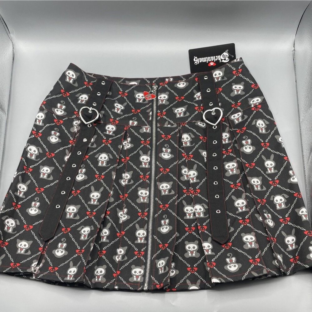 Skelanimals Grommet Strap Pleated Plaid Skirt Black Red LARGE New With Tags